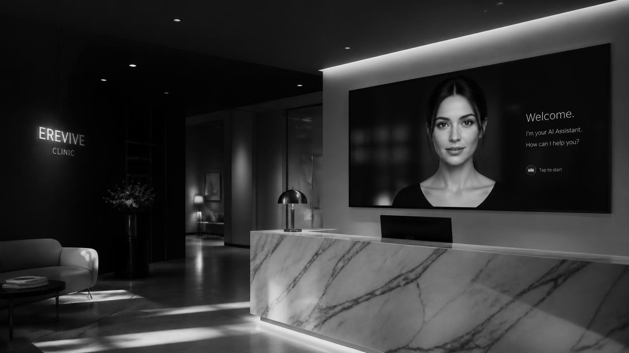 AI video assistant displayed on a screen in a luxury clinic reception
